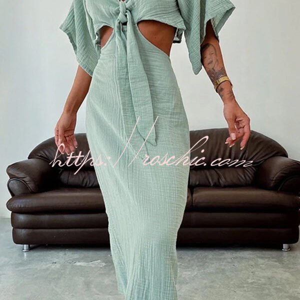 Linen Blend Slim-fitting Lace-up Hollow V-neck Maxi Dress