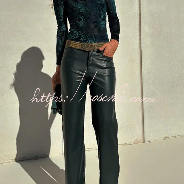 Stylish Faux Leather Pocketed Straight Stretch Pants