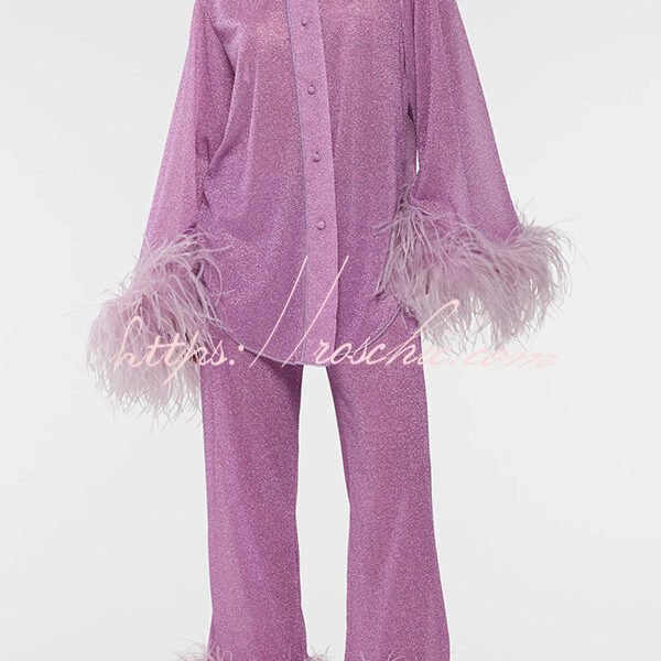 Glitter Fabric Feather Trim Long Sleeve Button Top and Elastic Waist Loose Straight Pants Set