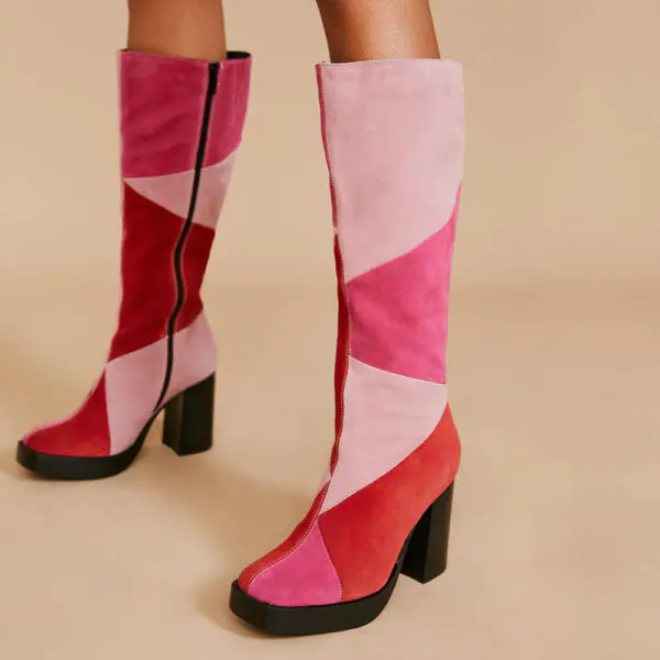 Color Block Vegan Suede Knee High Platform Boots with Chunky Heel