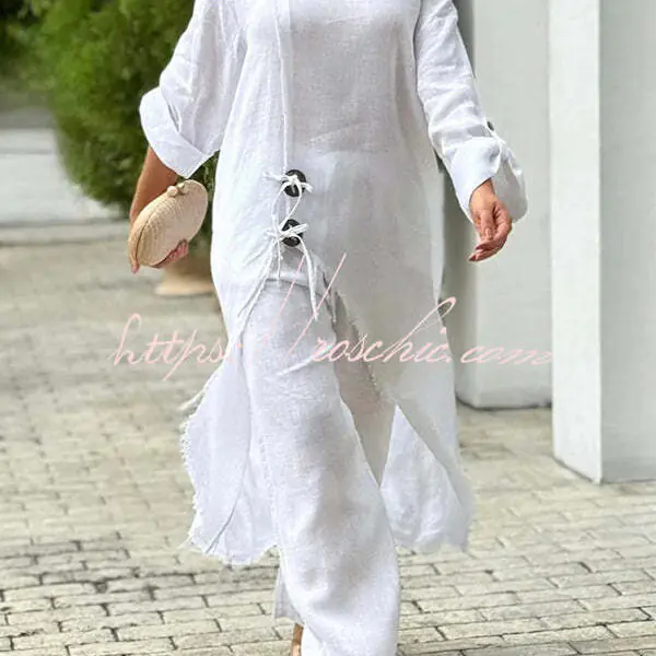 Tehla Linen Blend Ring Tie-up Detail Midi Blouse and Elastic Waist Pocketed Loose Pants Set