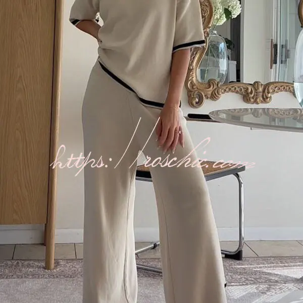 Lounge or Casual Wear Knit Patchwork Color Block Short Sleeve Top and Elastic Wide Leg Pants
