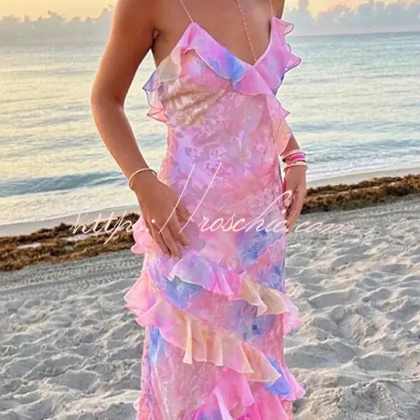 Multicolor Tie-dye Sexy Backless Wave-hem Strap Maxi Dress