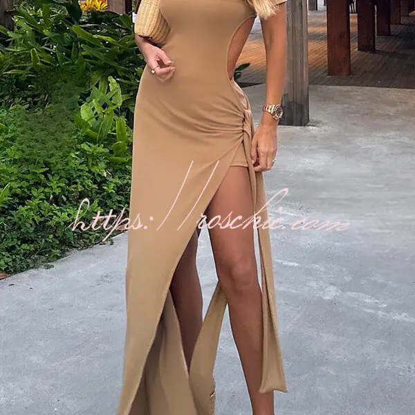 Holiday Party Ribbed Knit Cutout Waist Straps Slit Maxi Dress