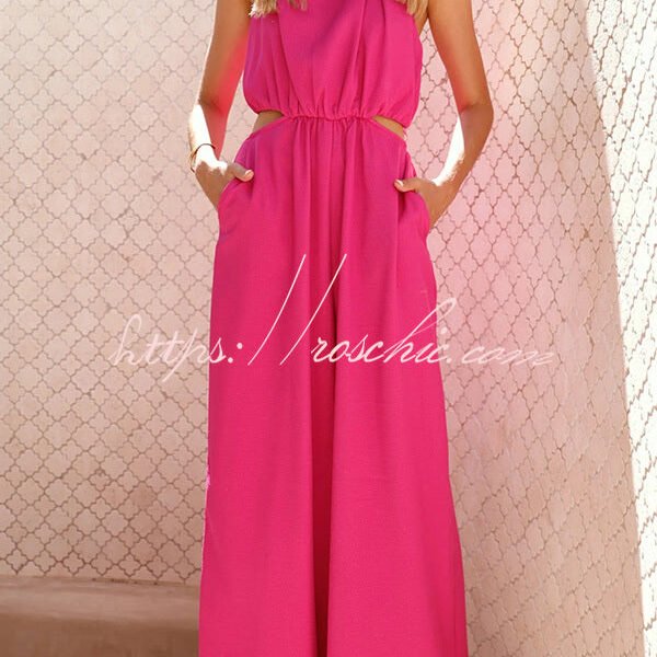 Solid Color Resort Style Halter Neck Waist Pocket Wide Leg Jumpsuit