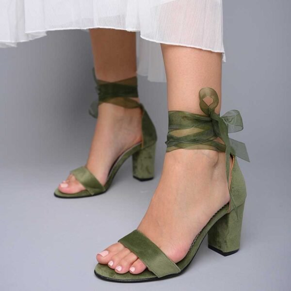 Velvet Wrap Around Ankle Strap Block Heel Wedding Sandals in Green