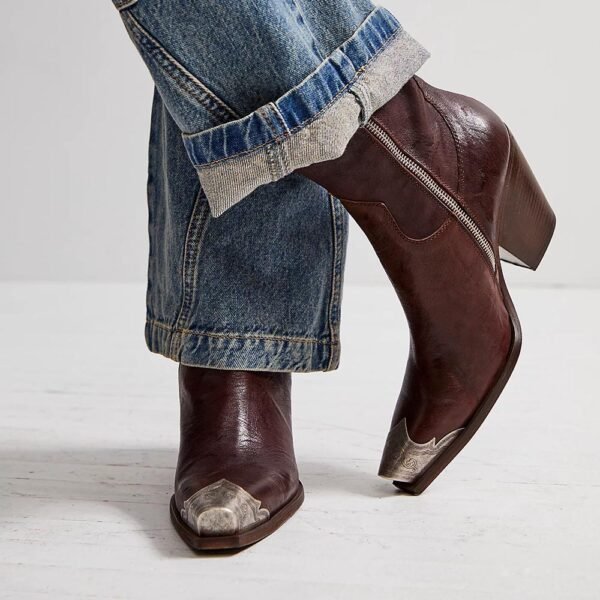 Maroon Etched Metal Toe Chunky Heel Western Booties for Women