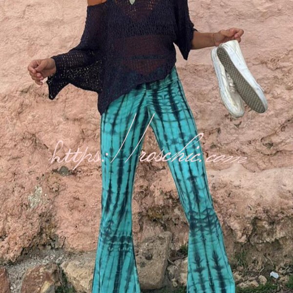 Balvin Tie Dye Print Ruched Lace-up Waist Stretch Flare Pants