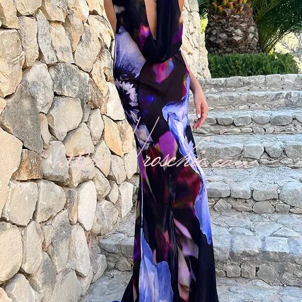 Bold and Sexy Tie-dye Abstract Floral Halter Drape Neck Backless Maxi Dress