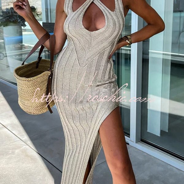 Malibu Scrunch Knit Cross Neckline Slit Midi Dress