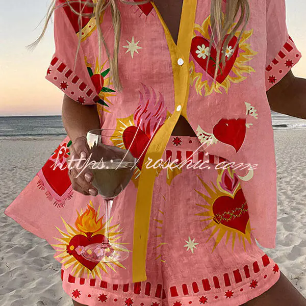 Beach Heart Print Loose Button Elastic Waist Shorts Set