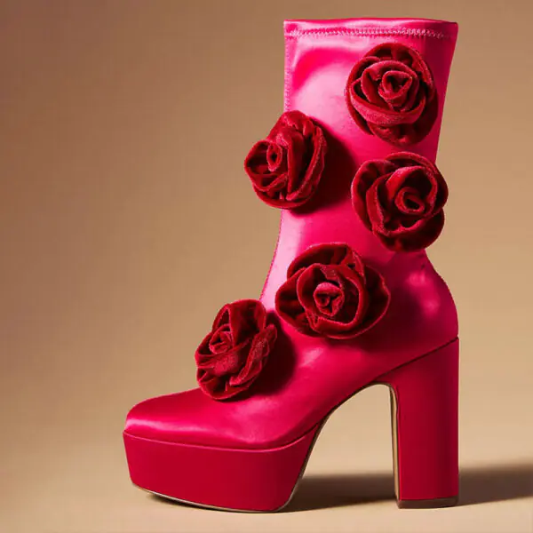 Hot Pink Satin Chunky Heel Platform Boots with Red Velvet Rose Decor
