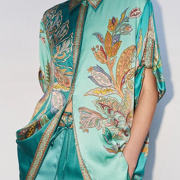 Somewhere Sunny Satin Botanical Print Short Sleeve Button Oversized Blouse