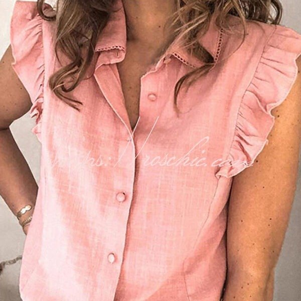 Solid Color Short Ruffle Sleeve Button Front Shirt