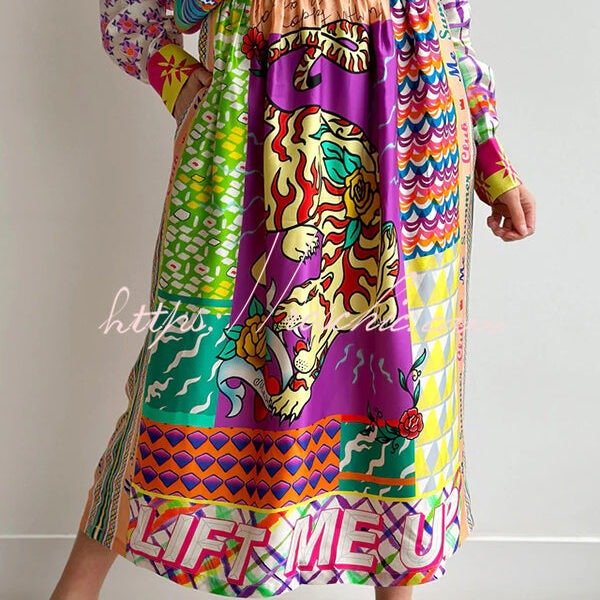 Boho Chic Satin Colorful Unique Print Elastic Waist Pocket Vacation Midi Skirt