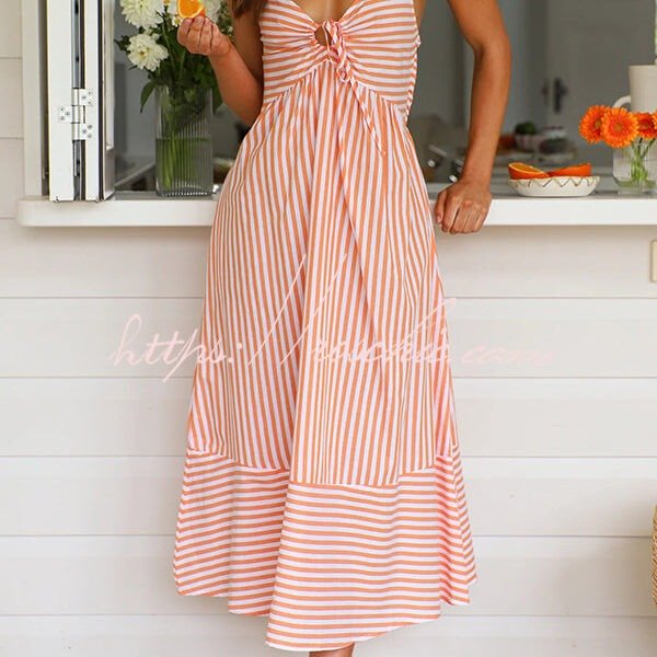 Striped Print Suspenders Gathered Lace-up Loose Midi Dress