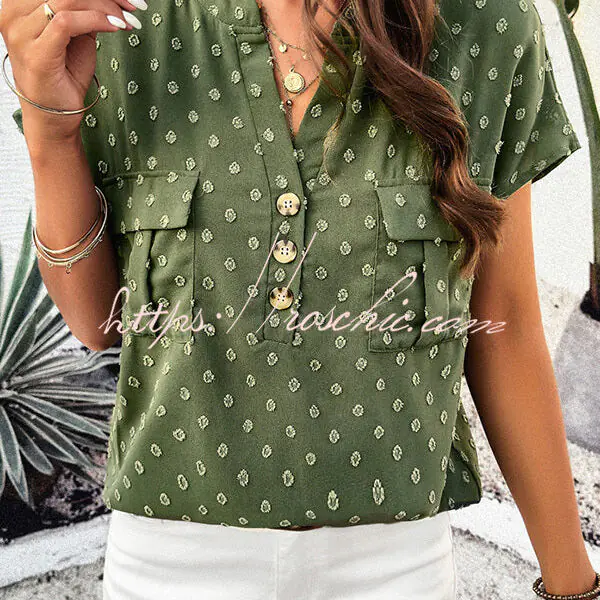 Simple Embroidered V Neck Pocket Button Down Short Sleeved Shirt
