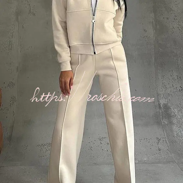 Solid Color Casual Long Sleeve Zipper Jacket and Elastic Waist Pocket Wide Leg Pants Set