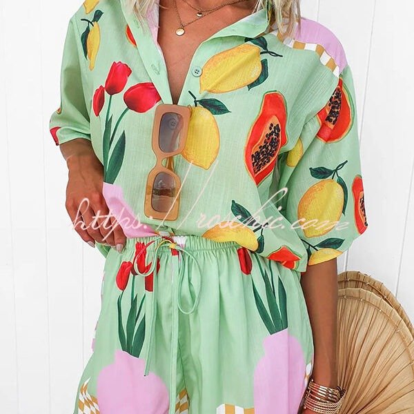 Summer Days Unique Fruit Print Loose Shirt and Elastic Waist Shorts Set