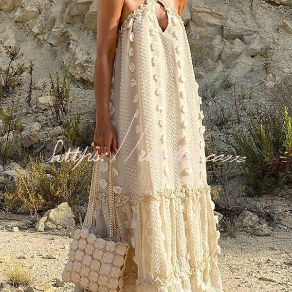 Sweet By The Sea Flower Decor Halter Maxi Dress