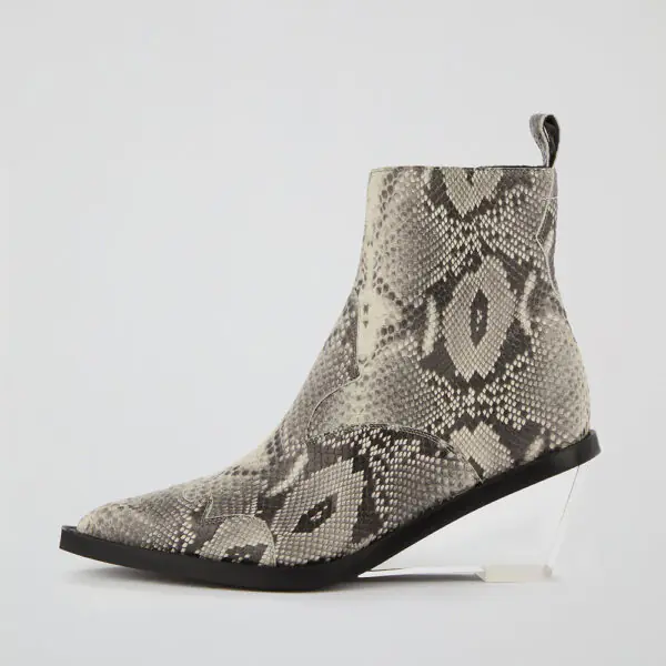 Gray Snakeskin Print Pointy Toe Wedge Heel Short Boots for Women