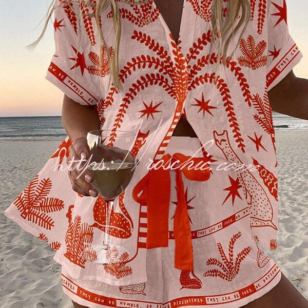 Plant Cat Print Loose Button Elastic Waist Shorts Set
