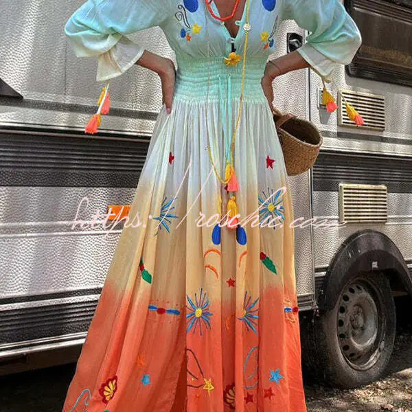 Gigi Unique Pattern Gradient Print Smocked Elastic Waist Fringed Maxi Dress