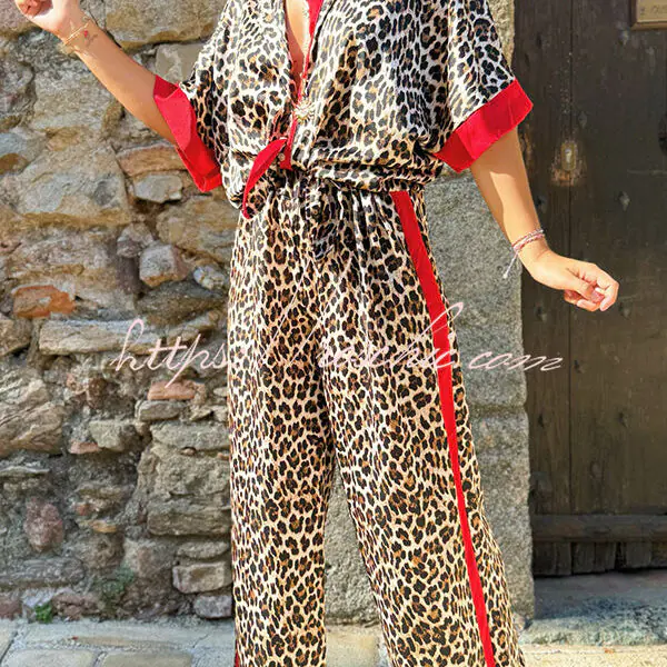 Leopard Print Color Block Short Sleeve Loose Shirt and Elastic Waist Pocket Pants Set