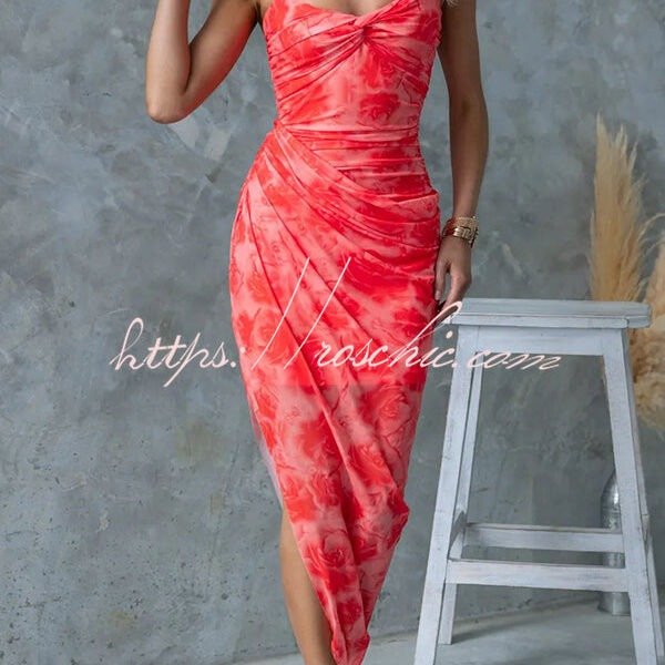 Saloni Mesh Floral Print Twist Ruched Detail Irregular Hem Stretch Maxi Dress