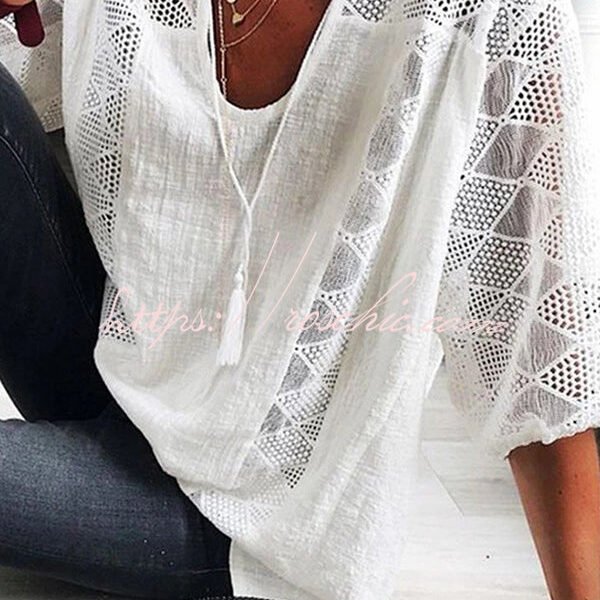 Cotton Linen Blend Patchwork Hollow Out Tassel Blouse
