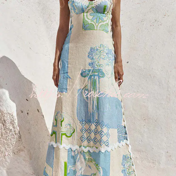 Darla Linen Blend Ric Rac Trims Unique Print Back Tie-up Maxi Dress