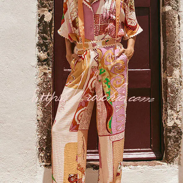 Tia Linen Blend Ric Rac Trims Unique Print Tank + Shirt + Pocketed Pants Set (3pieces)