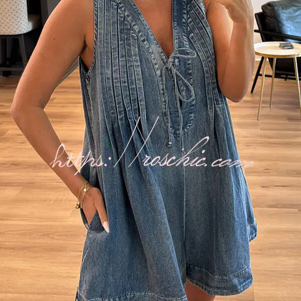 Downtown Daze Denim Pleated Tie-up Pocketed Loose Romper