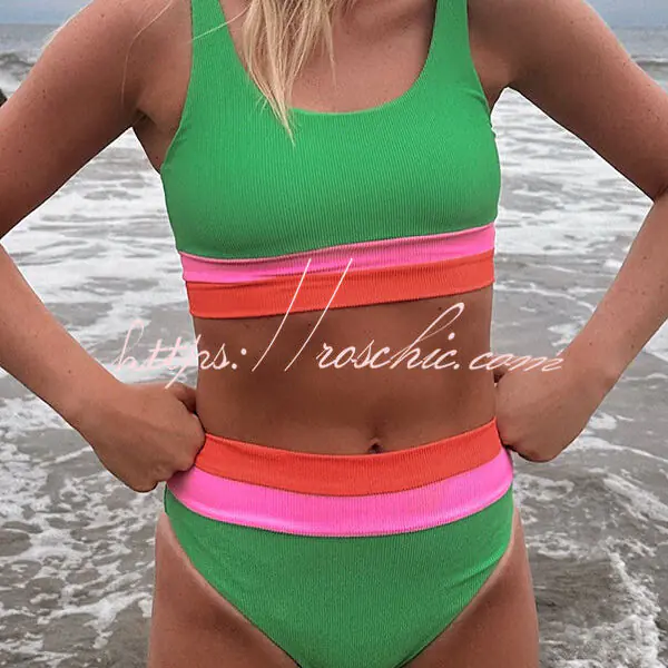 Zephyra Ribbed Color Block Tank High Rise Stretch Bikini Swimsuit