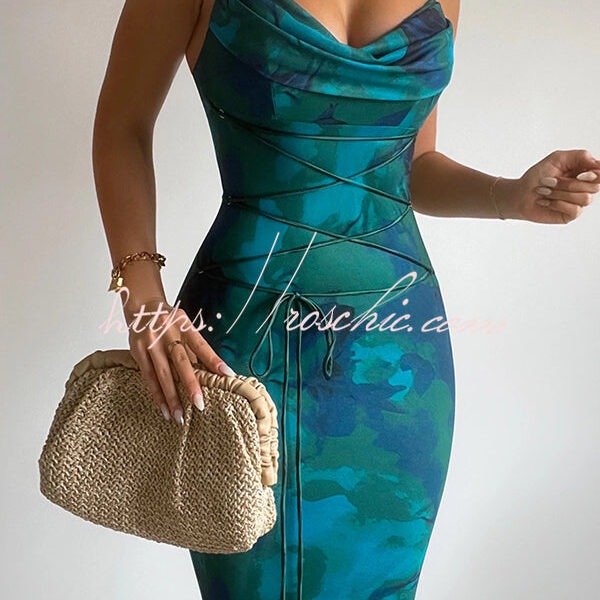 Sexy Slim-fitting Lace-up Printed Suspender Maxi Dress