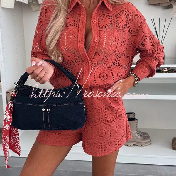 Good Weekend Crochet Lace Pattern Button Blouse and Elastic Waist Pocket Shorts Set