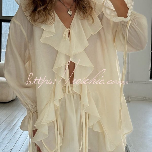 Solid Ruffled Lace-up Casual Top and Elastic Waisted Loose Pocket Shorts Set
