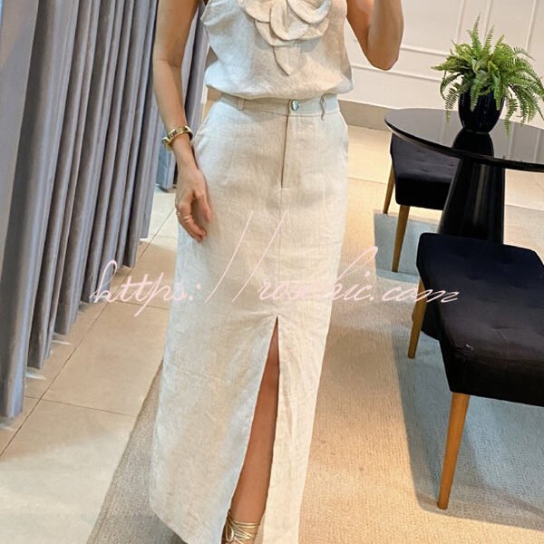 Charming Lady Linen Blend Floral Embellishment Tank and High Rise Pocketed Slit Skirt Set