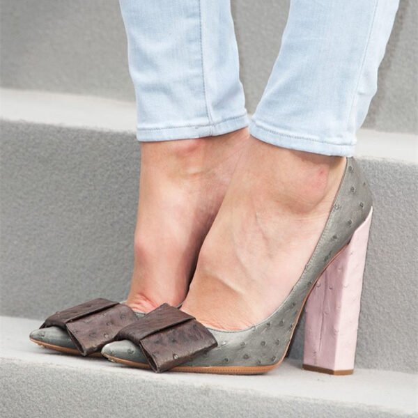 Grey Vegan Ostrich Skin Pointed Toe Chunky Heel Pumps Shoes with Bow