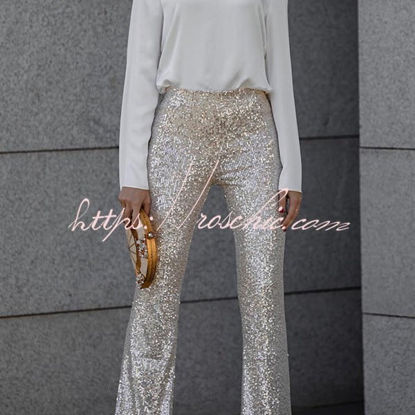 Diva Sequin High Rise Elastic Waist Flare Pants(Shipped Within 24 Hours)