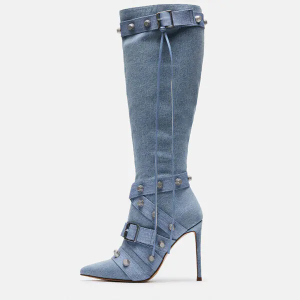 Blue Denim Studded Strappy Buckled Stiletto Heel Knee-High Boots