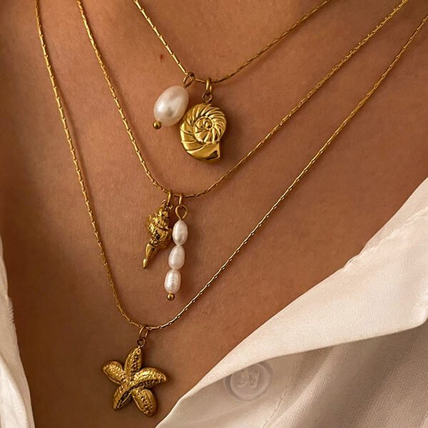 Simple Stainless Steel Conch Starfish Pearl Exquisite Mix and Match Necklace