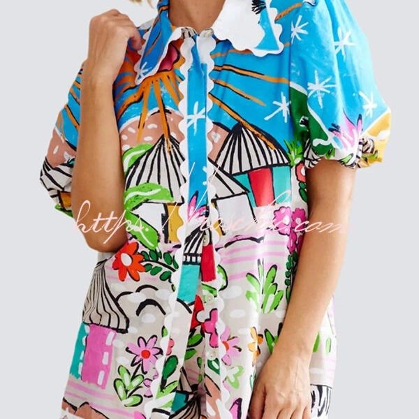 Unique Printed Wave Lace Puff Sleeve Loose Shirt and Elastic Waist Pocket Shorts Set