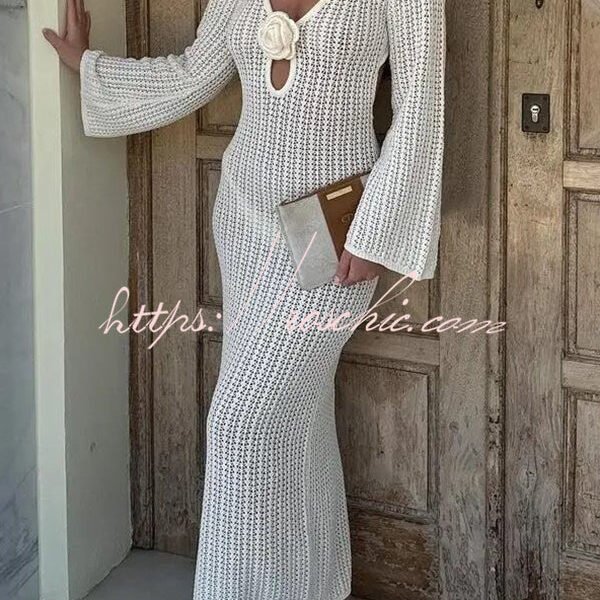 Bahamas Knit Long Bell Sleeve Sexy Backless Holiday Cover-up Maxi Dress