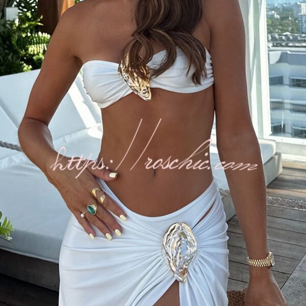 Beach Moment Oyster Metal Decor Bandeau Stretch Bikini Swimsuit