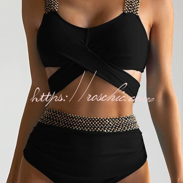 Simple Style Suspender Contrasting Color Suspender  Bikini Swimsuit