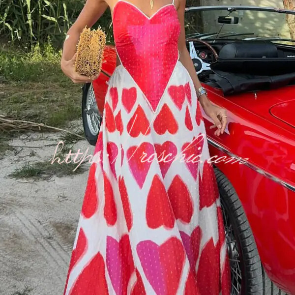 Full of Love Heart Shape Print Cutout Spaghetti Strap Backless Maxi Dress