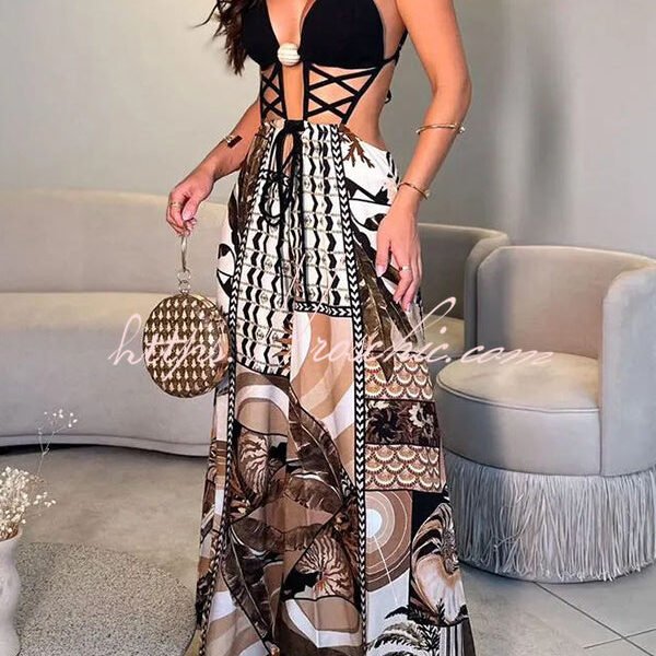 Tulum Dreaming Strap Cross Design Patchwork Printed Elastic Waist Backless Jumpsuit