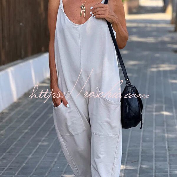 Relaxing Bay Solid Color Pocketed Casual Beach Jumpsuit