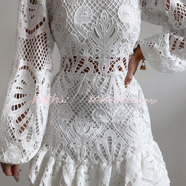 Solid Color Hollow Long-sleeved Waisted Lace Mini Dress